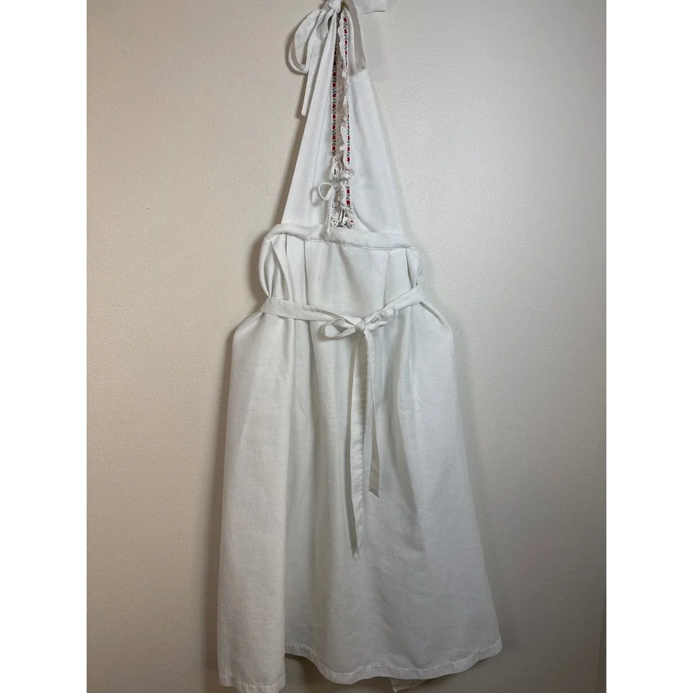 White Cottagecore Apron Halter Top Lace Up Trim Floral Embroidery Kitchen‎ Maid
